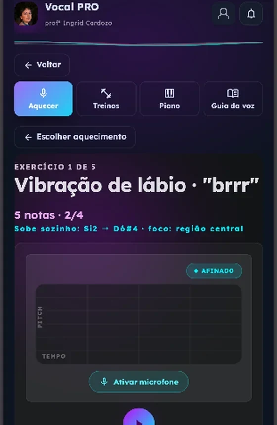 Exercício de vibração de lábios com detecção de afinação