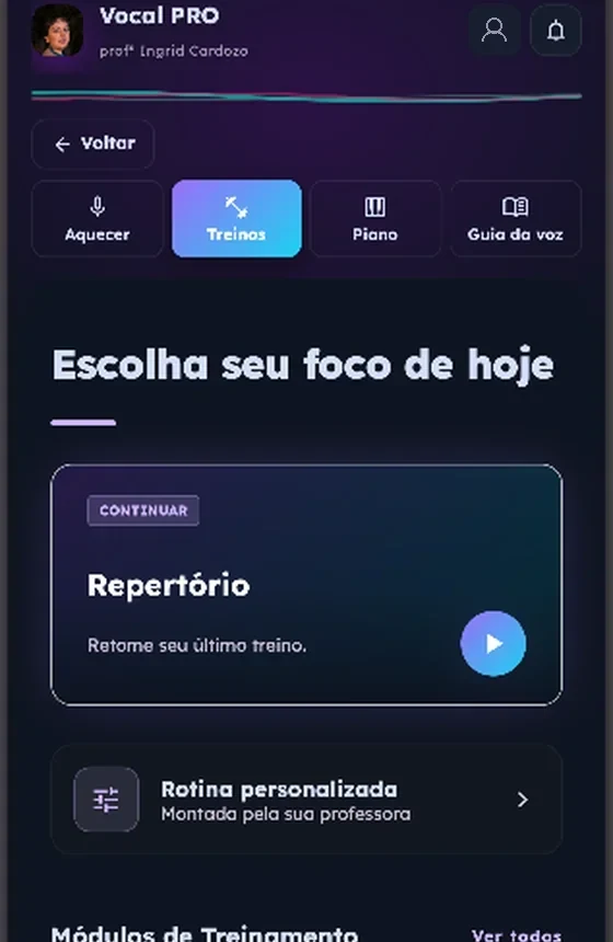 Módulos de treinamento vocal no Vocal PRO